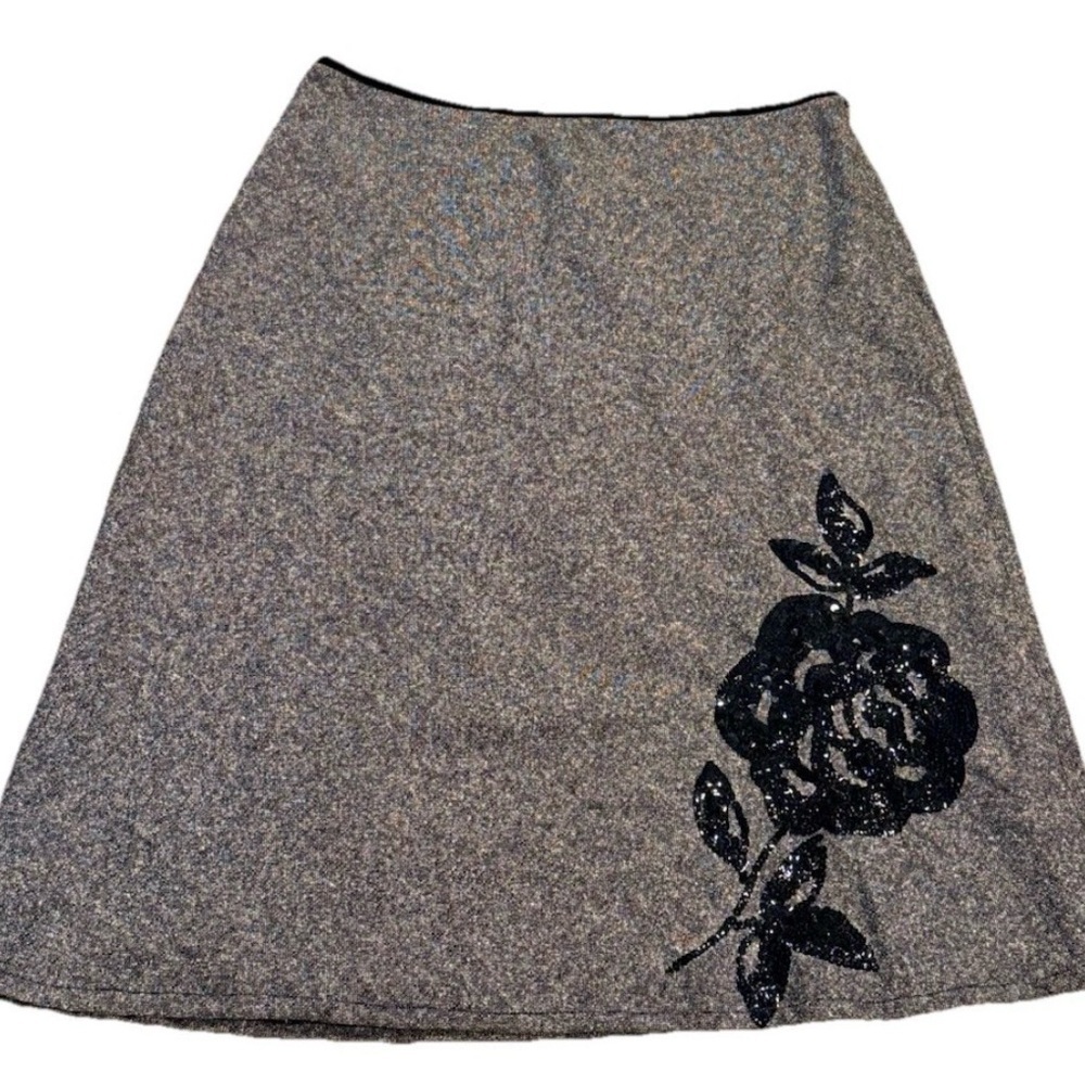 Gray Tweed A-Line Skirt Black Sequin Floral Applique Velvet Trim 6